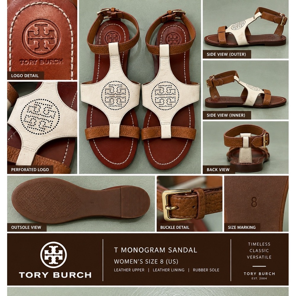 Tory Burch T Monogram Sandal Womens Size 8 Tan White Leather Ankle Strap Flat